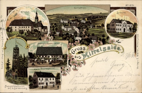 Chromo-Litho Mittelsaida Großhartmannsdorf in the Ore Mountains, school, church, restaurant, post office
