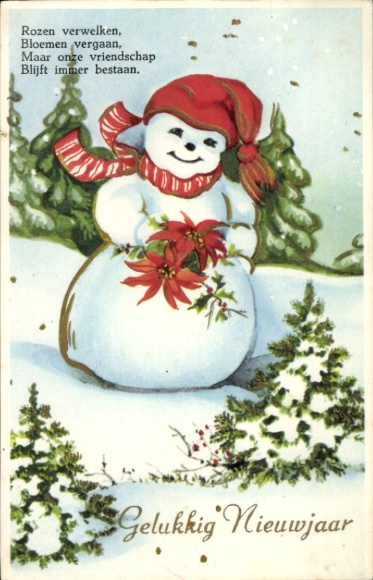 Ak Happy New Year, sneeuwpop met muts en sjaal, poinsettiabloemen
