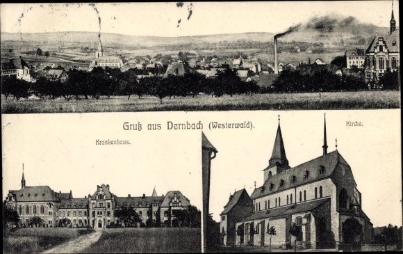 Ak Dernbach im Westerwald, Kirche, Krankenhaus, Totalansicht