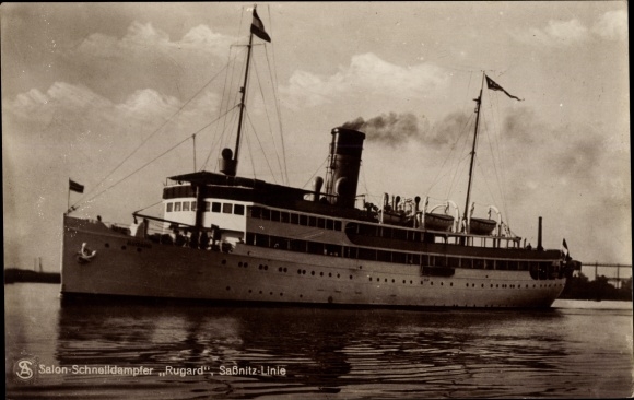 Postcard saloon express steamer Rugard of the Sassnitz line, shipping company Braeunlich Stettin