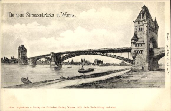 Postcard Worms am Rhein, The new road bridge, bridge, river, cityscape, architecture