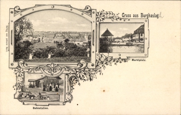 Ak Burghaslach Mittelfranken, Bahnhof, Marktplatz