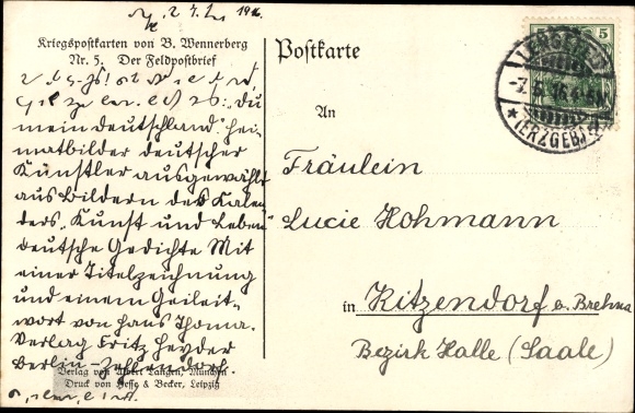 Artist PC Wennerberg, Bruno, The field post letter, woman, postman