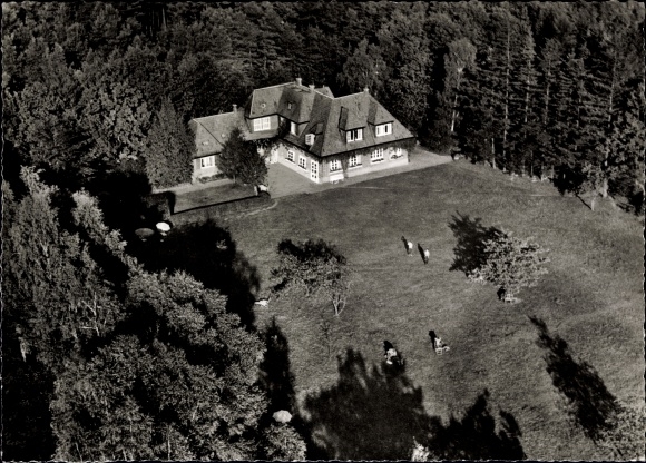 Postcard Schnakenbek in Schleswig Holstein, aerial photograph of the Sandkrughaus, forest, meadow