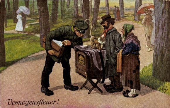 Artist Postcard Thiele, Arthur, wealth tax, civil servant, barrel organ player, monkey, woman, barrel organ