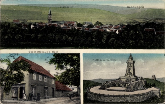 Ak Bennungen Südharz, Gesamtansicht, Geschäftshaus E. Opel, Kyffhäuserdenkmal