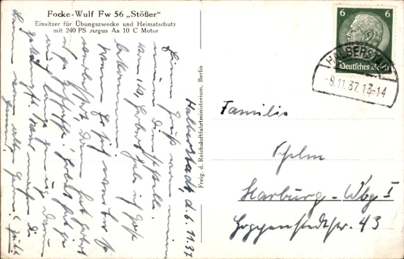 Postcard Focke-Wulf Fw 56 Stösser, propeller aircraft of the Luftwaffe, D IAQA