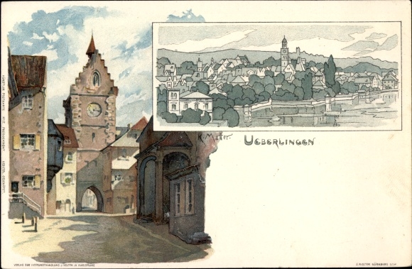 Artist Chromo-Litho Mutter, K., Überlingen am Bodensee, clock tower and gate, general view