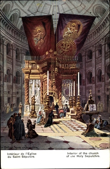 Artist Postcard Perlberg, F., Jerusalem Israel, Interior of the Church of the Holy Sepulchre