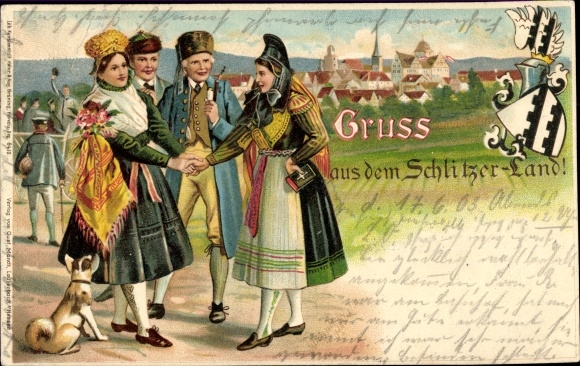 Artist Coat of Arms Chromo-Litho Schultz, W., Hessian folk costumes, Schlitzer Land
