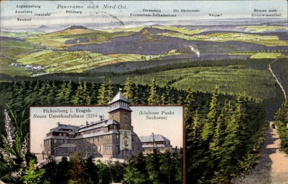 Ak Oberwiesenthal im Erzgebirge, Fichtelberg, Fichtelberghaus, Panorama nach Nord-Ost, Fichtel...