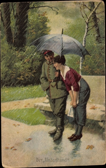 Künstler Ak Der Unterstand, Soldat hält Frau den Regenschirm, Immer Fachmann, I. WK