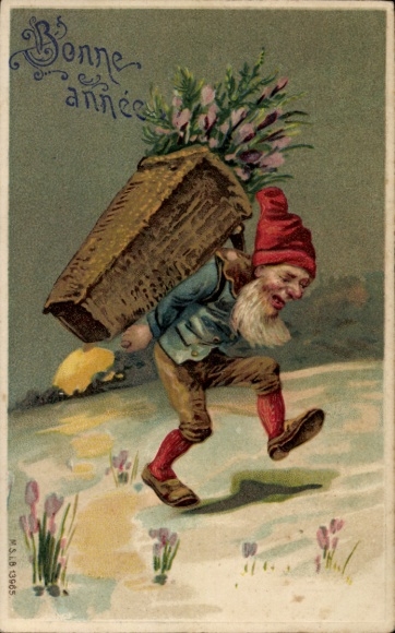 Embossed PC Happy New Year, dwarf, basket with flowers