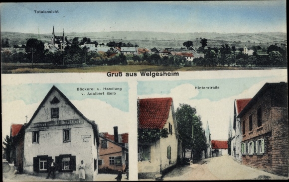 Ak Welgesheim in Rijnland-Palts, overzicht, bakkerij, actie, achterstraat
