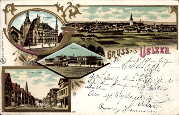 Chromo-Litho Uelzen in Lower Saxony, Reichspost, general view, train station, Gudesstraße