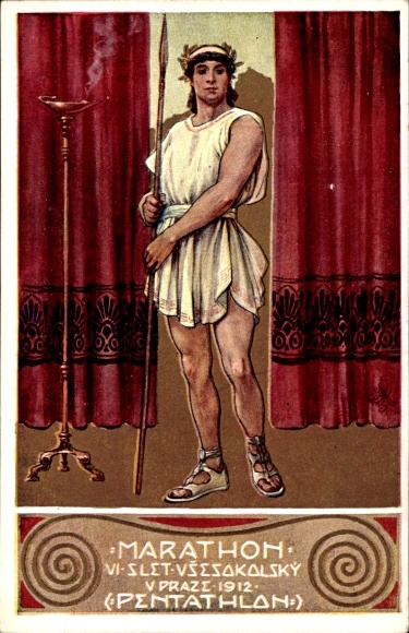 Artist Postcard Praha Prague, Slet Vsesokolski 1912, Pentathlon, javelin thrower