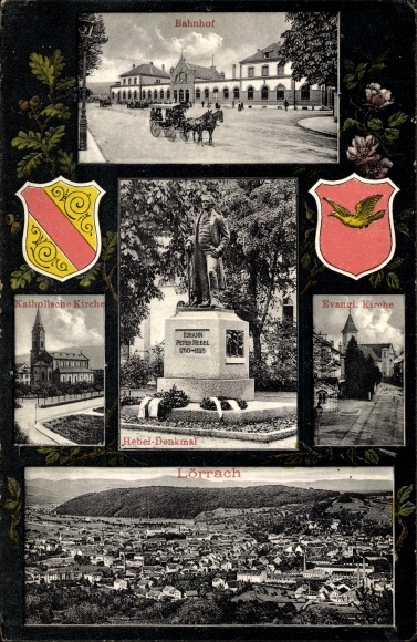 Ak Lörrach in Baden, Bahnhof, Kirche, Hebeldenkmal, Gesamtansicht