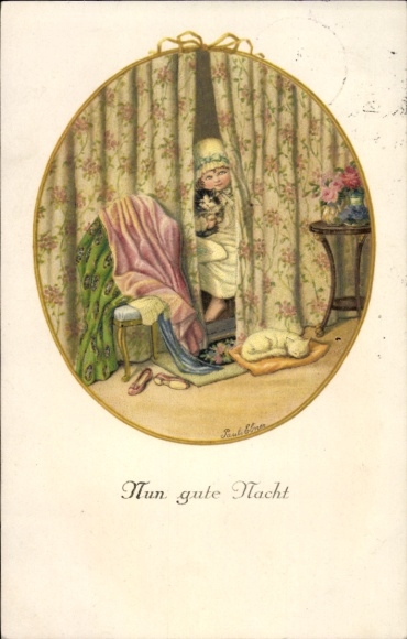 Kunstenaar Ak Ebner, P., Welterusten, kind met kat