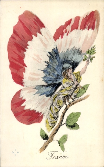 Ak Nationale Allegorie Frankrijk, vlinder met vrouwenhoofd, vleugels in vlagkleuren, Tricolore