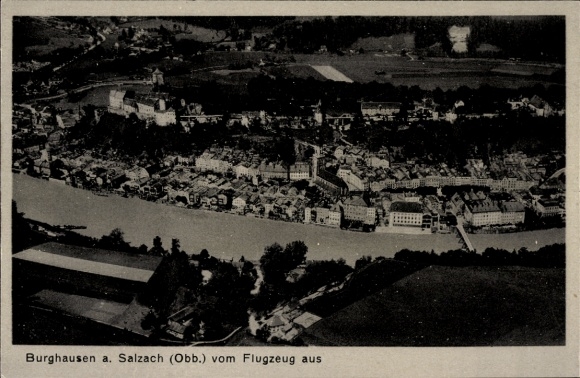 Postcard Burghausen an der Salzach Upper Bavaria, aerial view of Salzach, from the plane