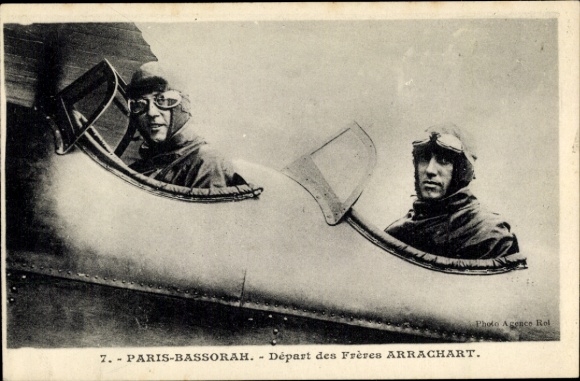 Postcard Pilot, airplane, flight from Paris to Bassorah Basra Iraq
