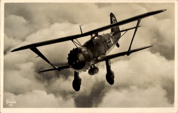 Postcard Henschel Hs 123, dive bomber single-seater launches attack, Luftwaffe, WWII