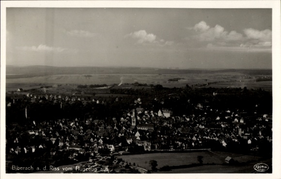 Postcard Biberach an der Riß in Upper Swabia, aerial view, many houses, green landscape, clouds