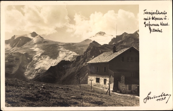 Ak Tirol, Tuxerjochhaus mit Olperer und Gefrorener Wand, Zillertal, Fotograf Hruschka