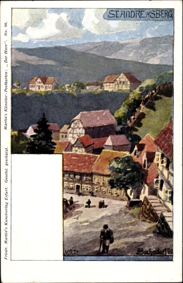 Kunstenaarskaart Bahndorf, Sankt Andreasberg Braunlage in de Oberharz, gedeeltelijk zicht op de stad