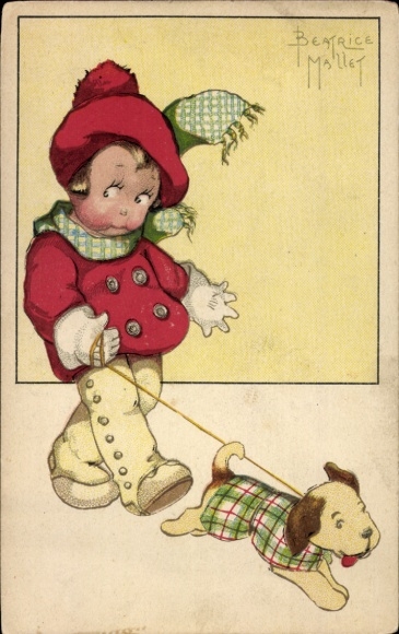 Artist Postcard Mallet, Beatrice, girl with dog on a leash