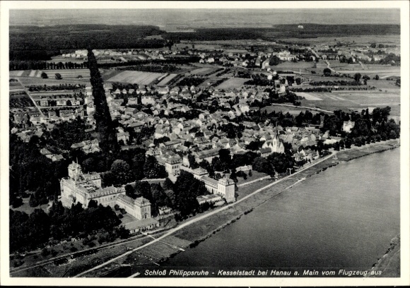 Postcard Hanau am Main, aerial photograph, Philippsruhe Castle, Kesselstadt