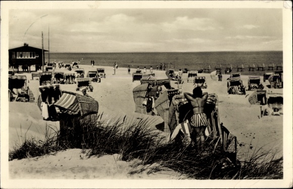 Postcard Ostseebad Baabe on Rügen, beach, beach chairs, bathers