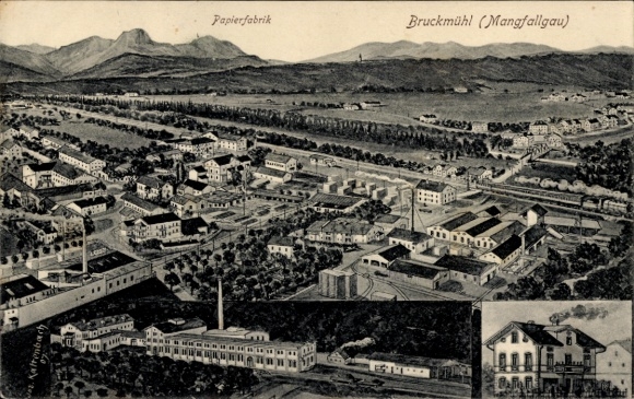Postcard Bruckmühl in Upper Bavaria, long shot, paper factory