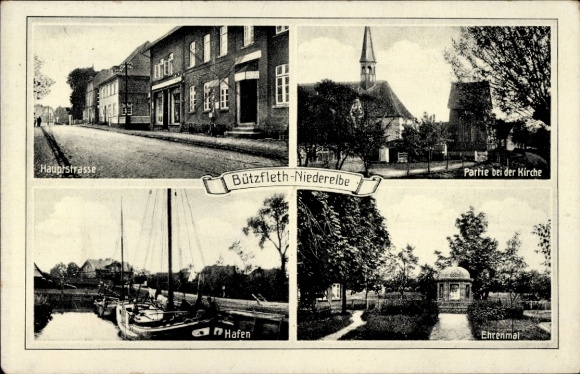Postcard Bützfleth Stade in Lower Saxony, main street, church, harbor, memorial