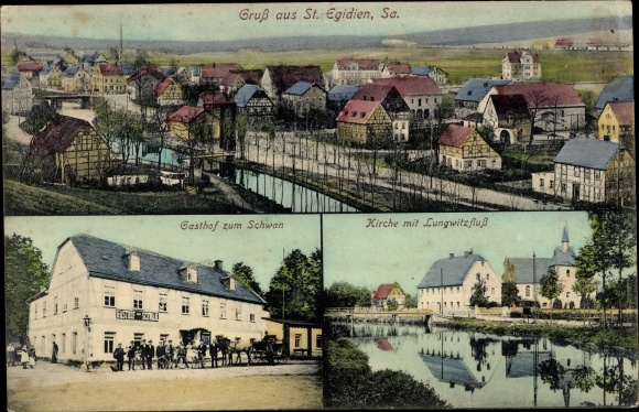 Ak Sankt Egidien in Saksen, panorama, Gasthof zum Schwan, kerk, rivier de Lungwitz