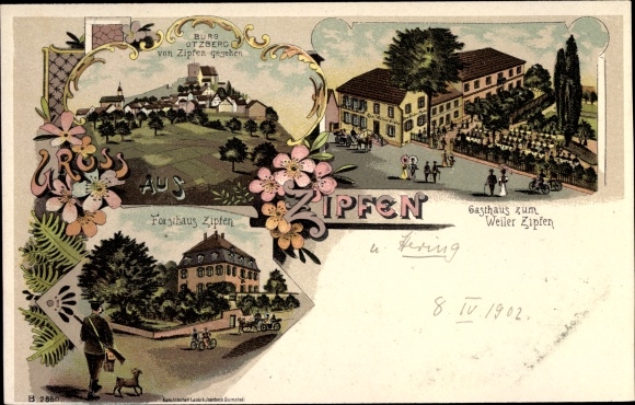 Litho Lengfeld Otzberg im Odenwald, Gasthaus zum Weiler Zipfen, Forsthaus, Burg Otzberg