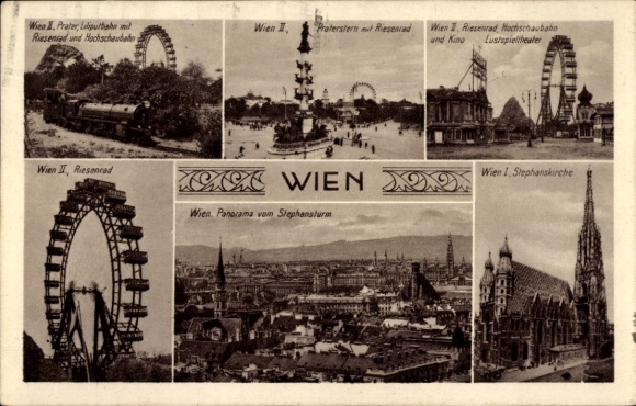 Postcard Vienna 2 Leopoldstadt, Prater, Ferris wheel, roller coaster, St. Stephen's Church, Panorama