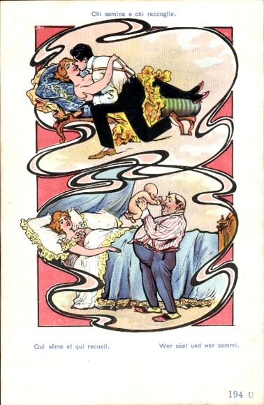 Art Nouveau Chromo-Litho Woman cheats, husband with baby