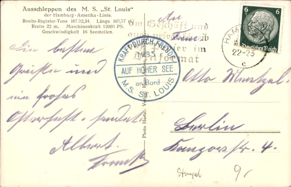 Postcard Hamburg, departure of the HAPAG express steamer St. Louis, tug Moorwärder