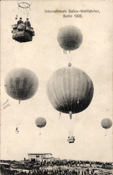 Postcard International Balloon Races Berlin 1908, balloons, spectators