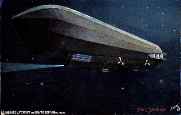 Artist Postcard Stövhase, Hans, Steerable airship of Count Zeppelin at night, Tuck Series No. 978 P
