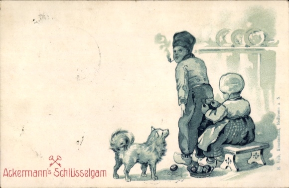 Litho Reklame, Ackermann's Schlüsselgarn, Hose wird genäht, Spitz