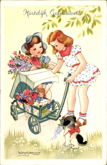 Artist PC Schermele, Willy, girl with doll&#39;s pram and flowers