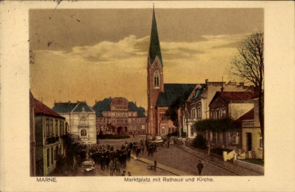 Ak Marne in Holstein Dithmarschen, Marktplatz, Rathaus, Kirche