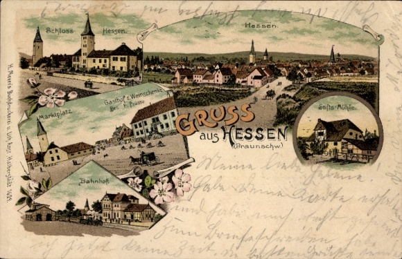 Chromo-Litho Hessen Osterwieck in the Harz district, train station, market square, castle, inn "Zur Weinschenke"