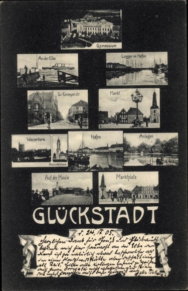 Ak Glückstadt an der Elbe, Gymnasium, Logger im Hafen, Markt, Wasserturm, Moole, Gr. Kremperstraße