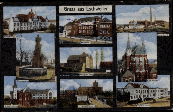 Postcard Eschweiler North Rhine-Westphalia, secondary school, mining association, church, hospital, district court