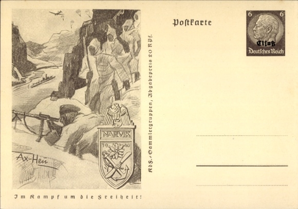 Postal stationery artist Postcard Axster Heudtlaß, In the fight for freedom, Narvik, mountain hunters in Norway
