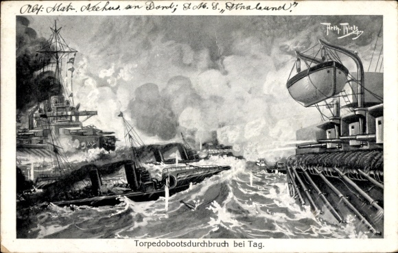Artist Postcard Thiele, Arthur, German warships, torpedo boat breakthrough, Imperial Navy