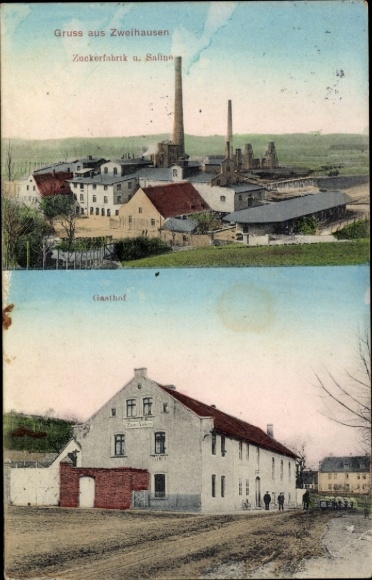 Ak Zweihausen an der Saale Könnern in Saksen-Anhalt, herberg, suikerfabriek